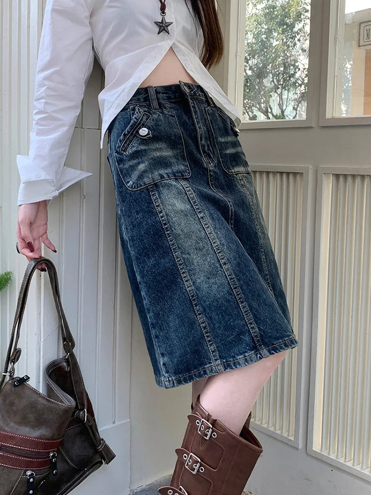 Dressbetty - American Retro Midi Do Old Washed A-line Skirt