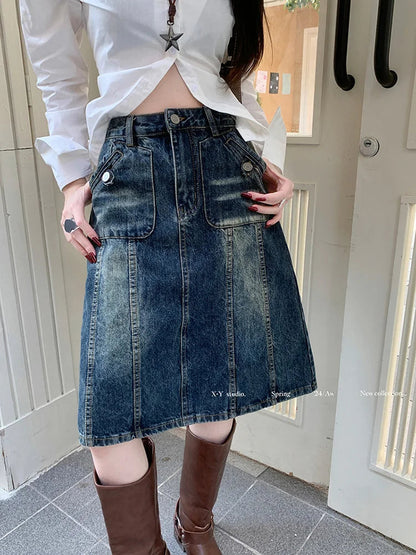Dressbetty - American Retro Midi Do Old Washed A-line Skirt