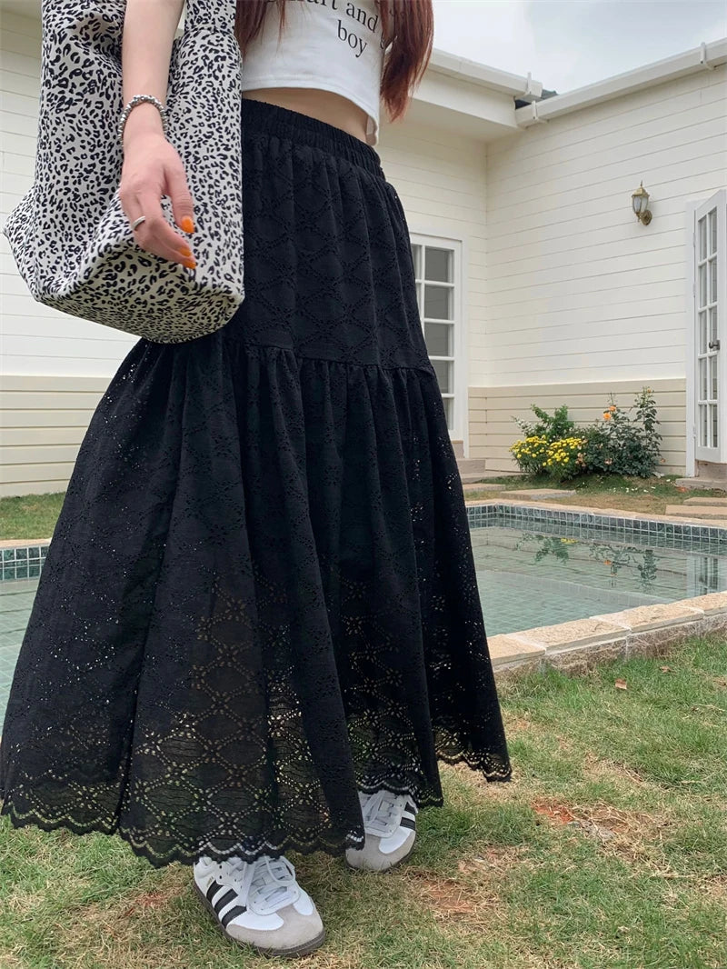 Dressbetty - Black Lace Ruffled High Waist A-line Skirt