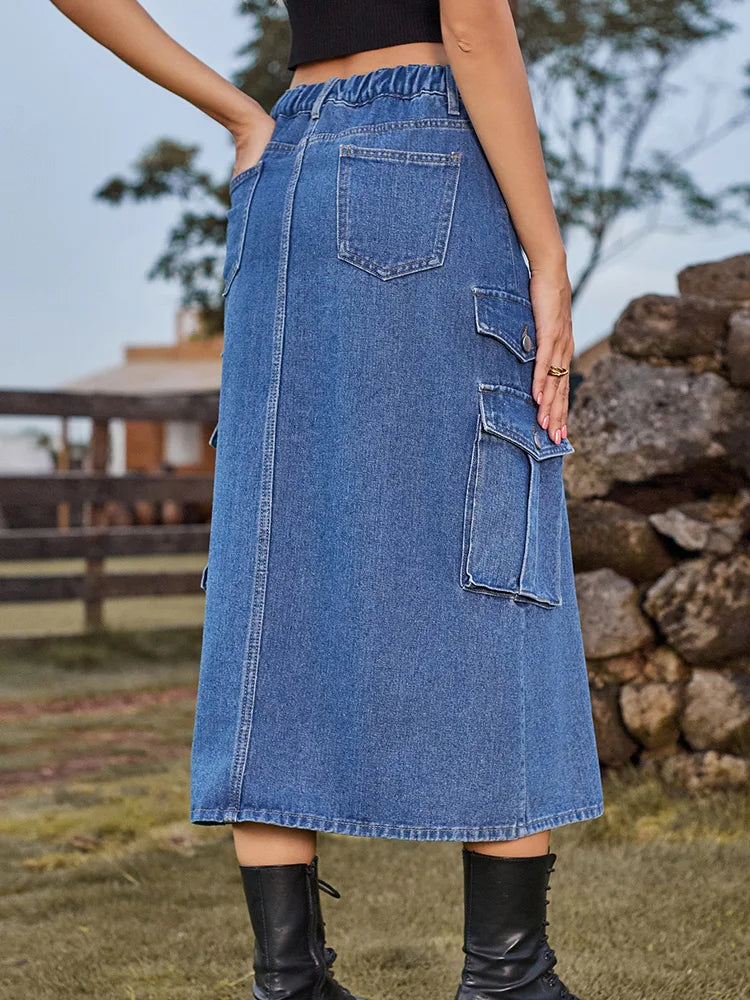 Dressbetty - Split Long High Waisted A-line Cargo Jean Skirt