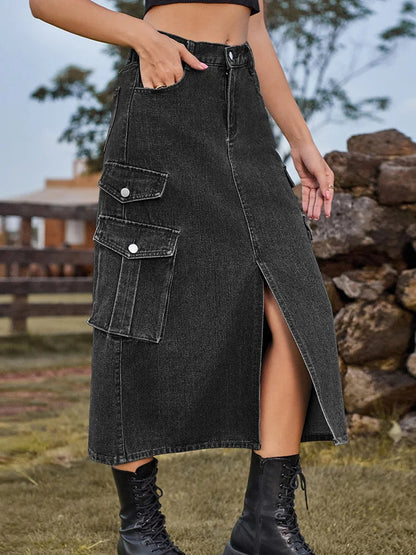 Dressbetty - Split Long High Waisted A-line Cargo Jean Skirt