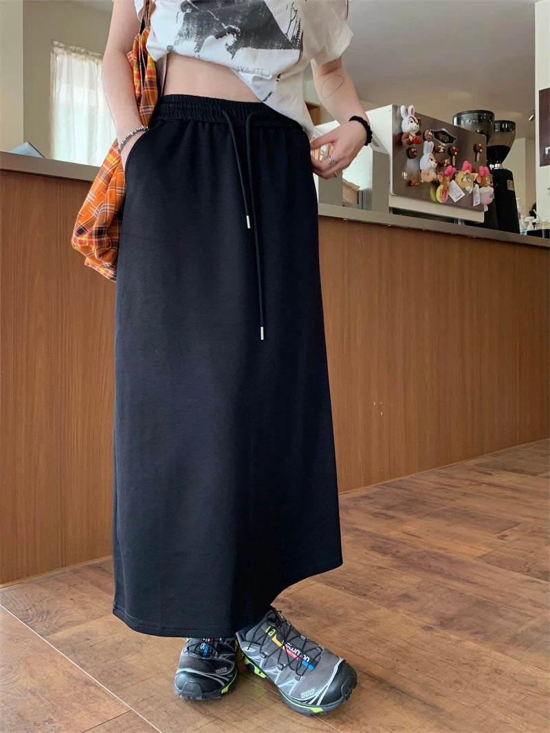 Dressbetty - Color Elastic Drawstring Straight Long Skirt