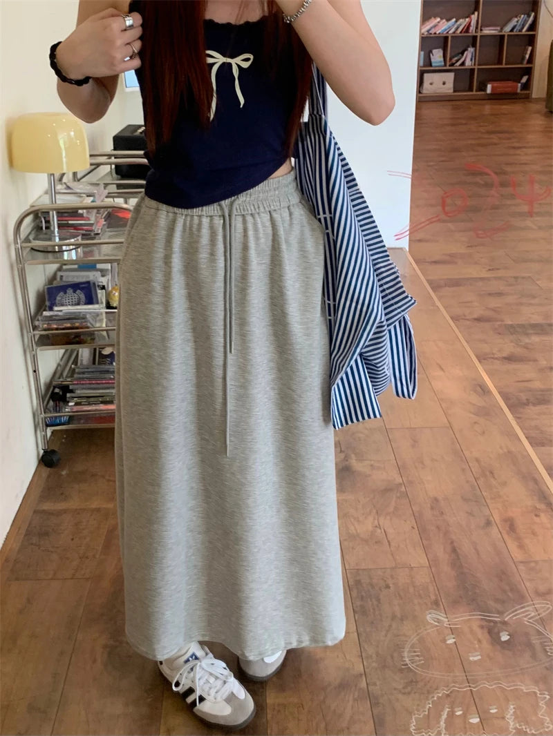 Dressbetty - Color Elastic Drawstring Straight Long Skirt