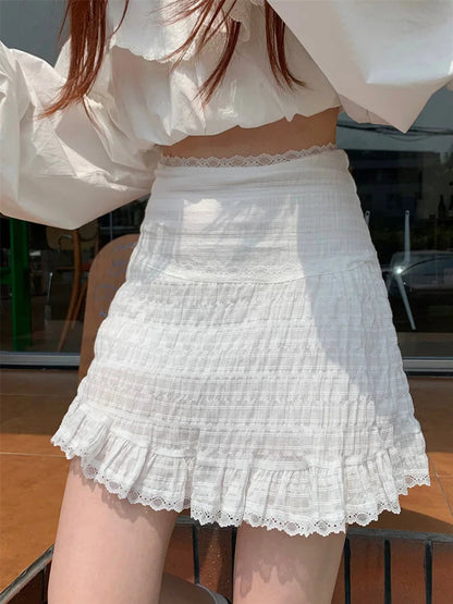 Dressbetty - White Lace Trim Ruffled Sweet High Waist A-line Skirt