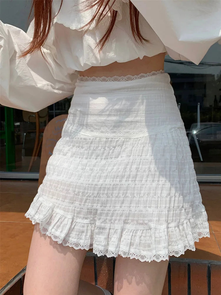 Dressbetty - White Lace Trim Ruffled Sweet High Waist A-line Skirt