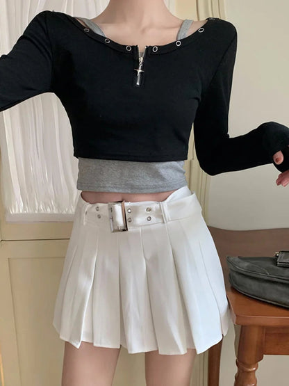 Dressbetty - White Cargo Pleated Mini Skirts Retro Low Waist A-line Skirt