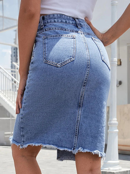 Dressbetty - Zipper Fly Split Denim High Waist Bodycon Midi Skirt
