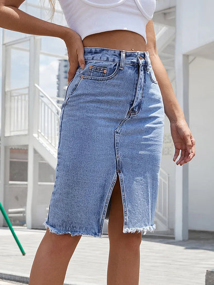 Dressbetty - Zipper Fly Split Denim High Waist Bodycon Midi Skirt