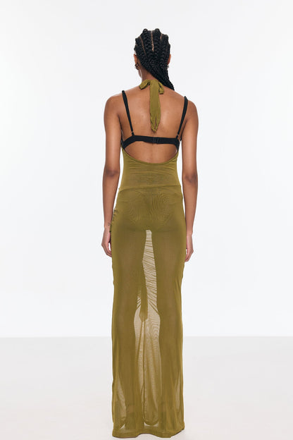 Beonica Mesh Ruch Asymmetric Cutout Maxi Dress