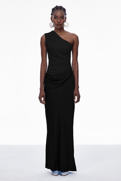 Beres One Shoulder Satin Maxi Dress in Black