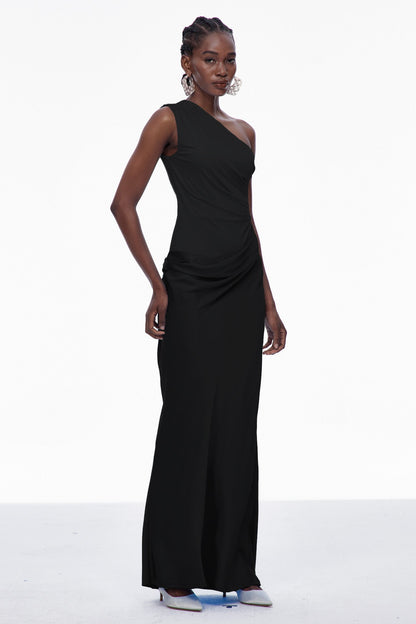 Beres One Shoulder Satin Maxi Dress in Black