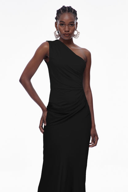 Beres One Shoulder Satin Maxi Dress in Black