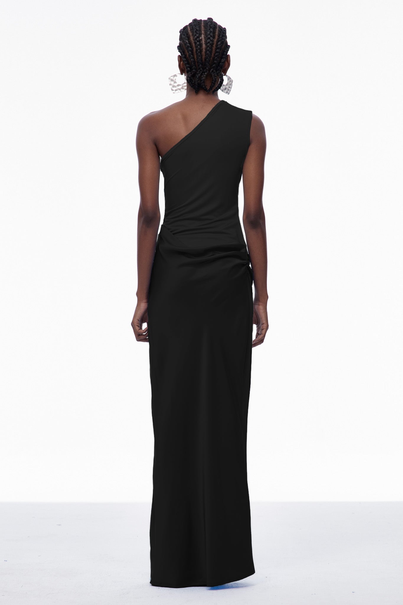 Beres One Shoulder Satin Maxi Dress in Black