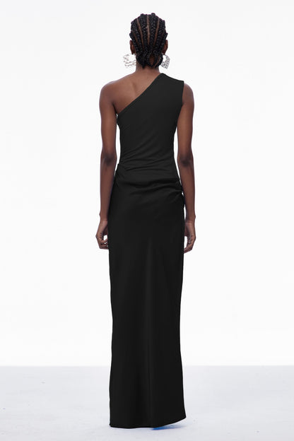 Beres One Shoulder Satin Maxi Dress in Black