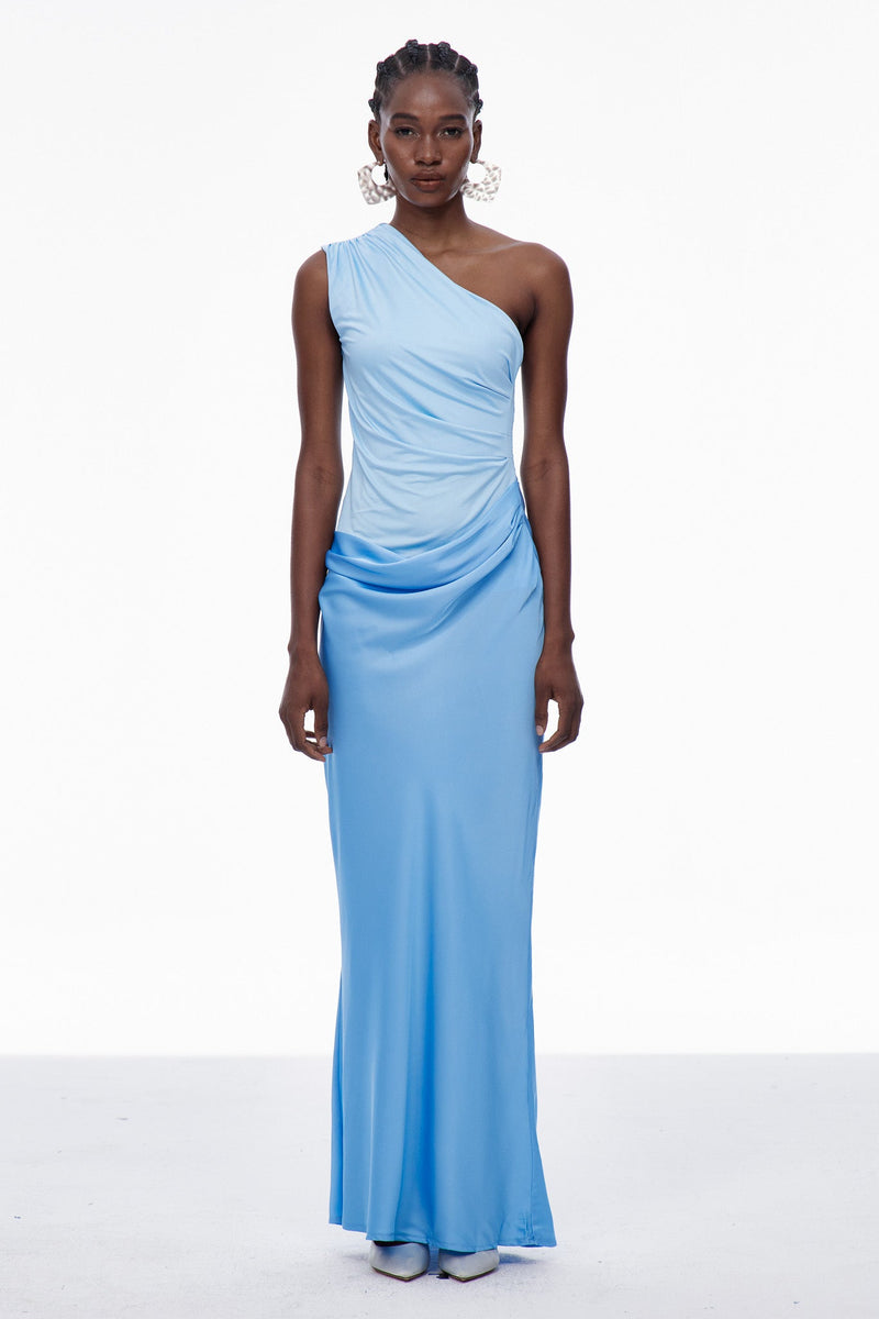 Beres One Shoulder Satin Maxi Dress in Blue
