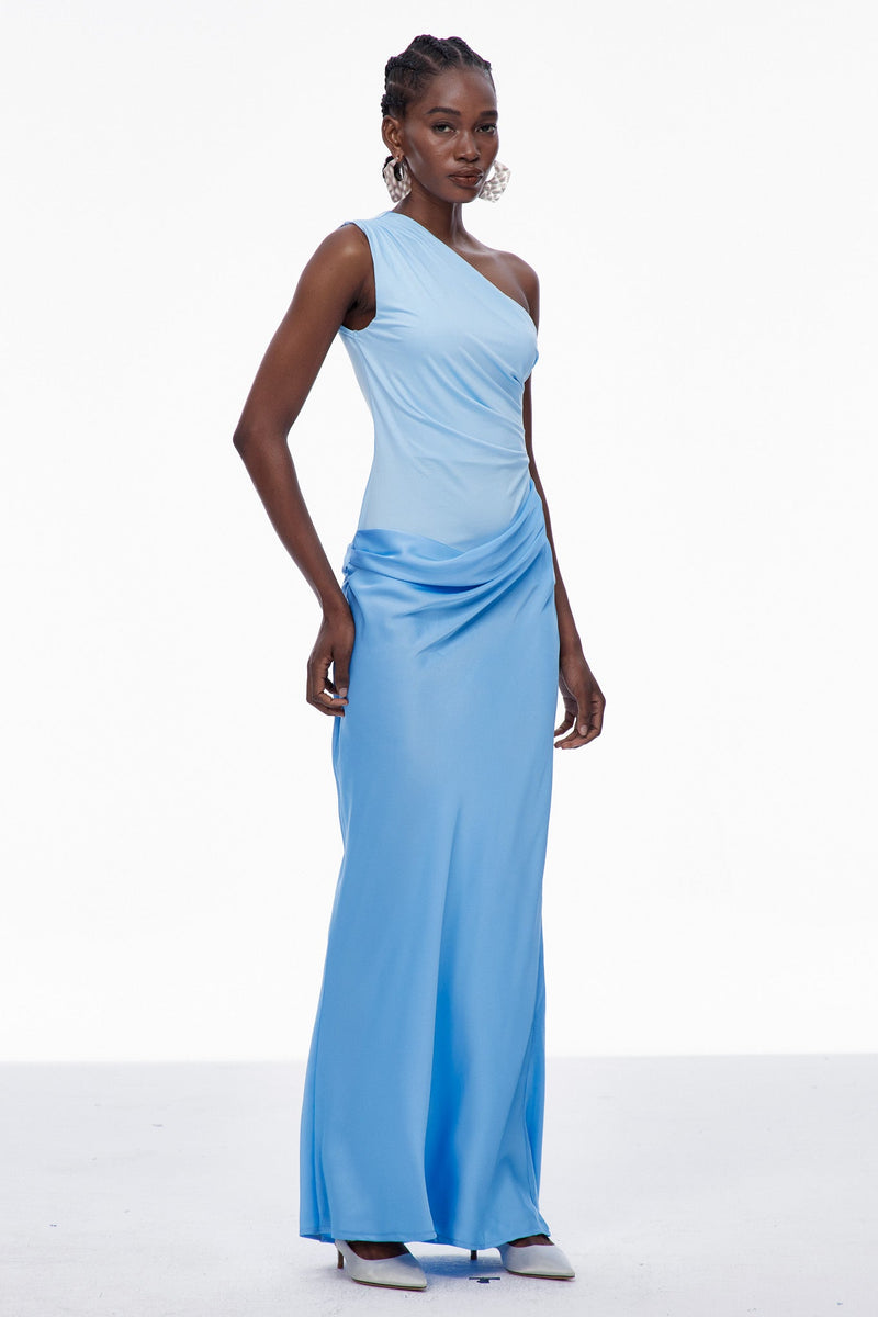 Beres One Shoulder Satin Maxi Dress in Blue