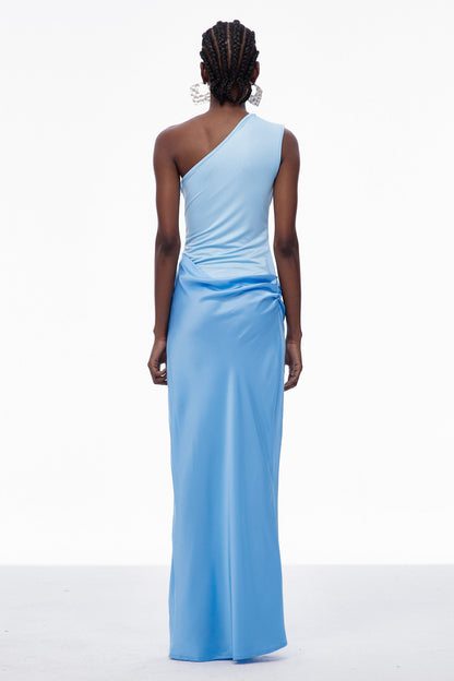 Beres One Shoulder Satin Maxi Dress in Blue