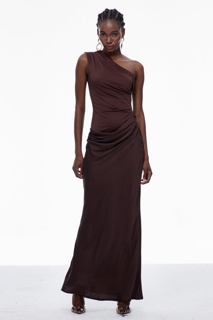 Beres One Shoulder Satin Maxi Dress in Brown