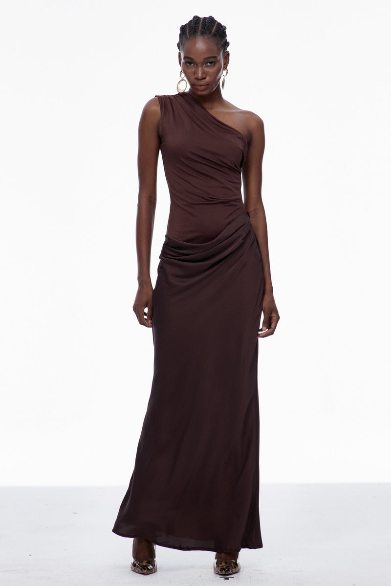 Beres One Shoulder Satin Maxi Dress in Brown