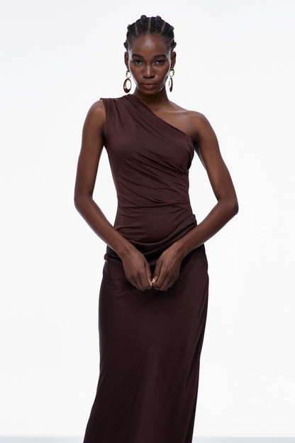 Beres One Shoulder Satin Maxi Dress in Brown