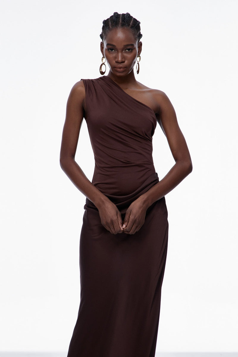 Beres One Shoulder Satin Maxi Dress in Brown