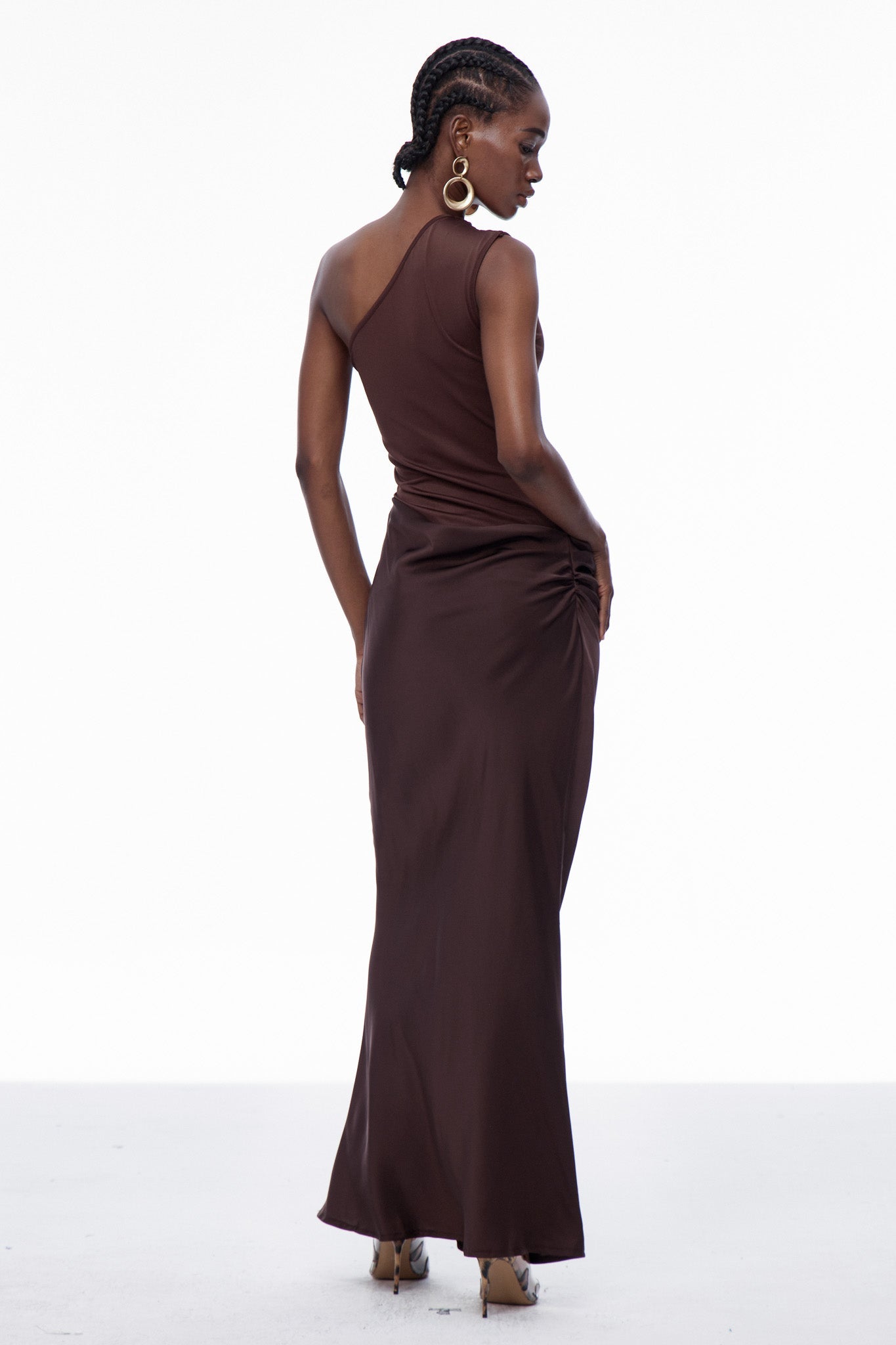 Beres One Shoulder Satin Maxi Dress in Brown