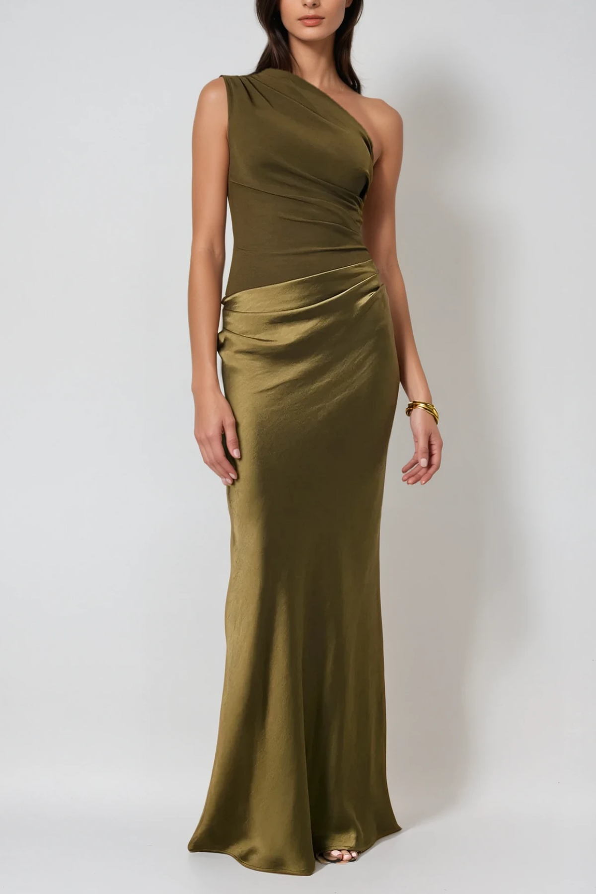 Beres One Shoulder Satin Maxi Dress in Green