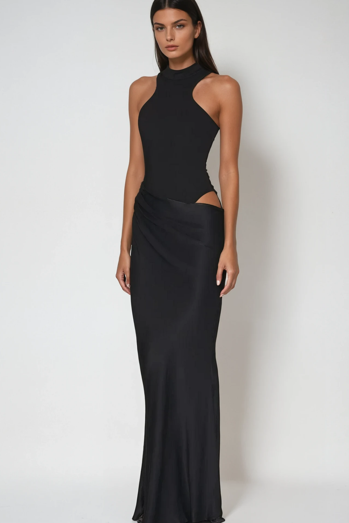 Beres Tank Top Satin Maxi Dress in Black
