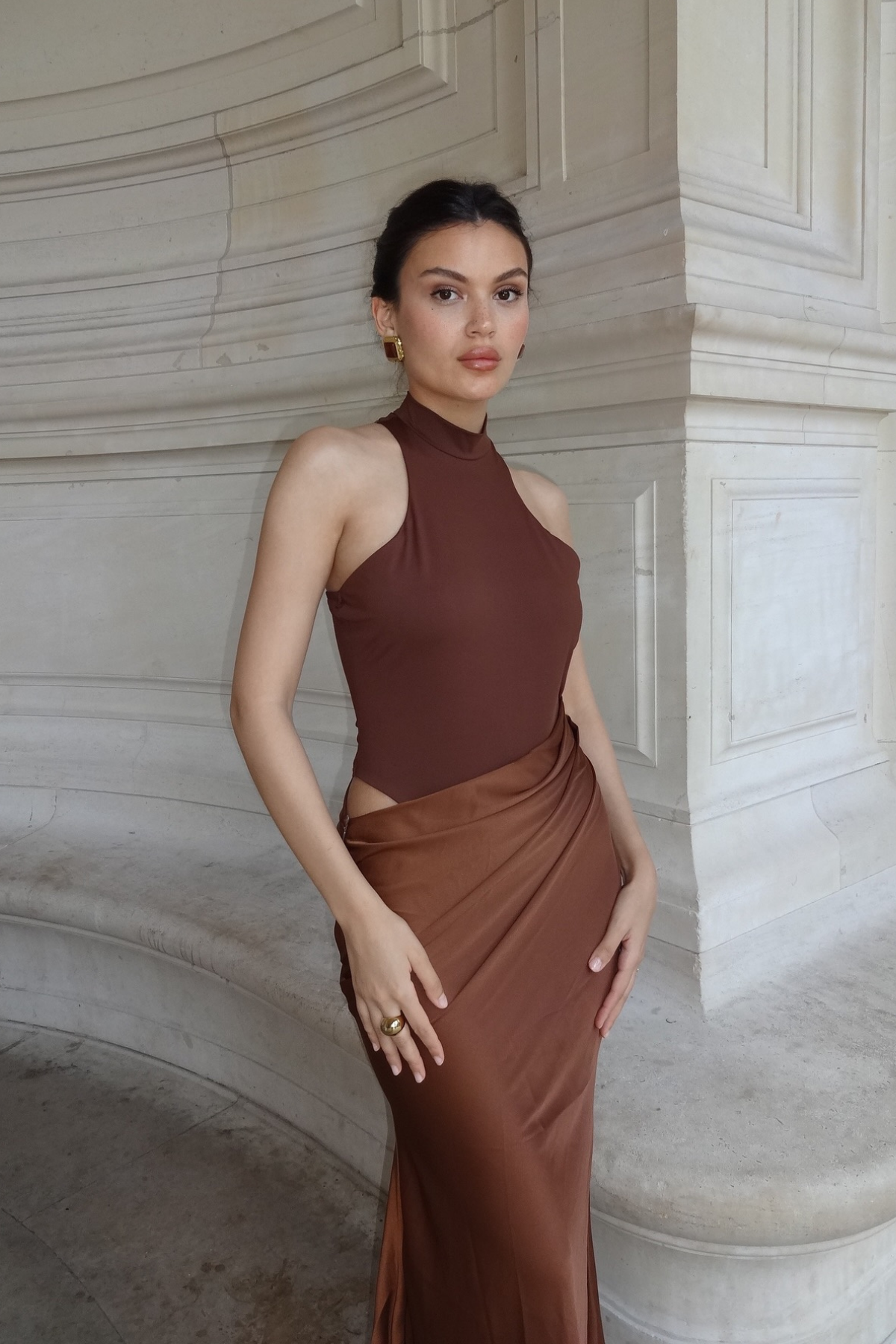 Beres Tank Top Satin Maxi Dress in Brown