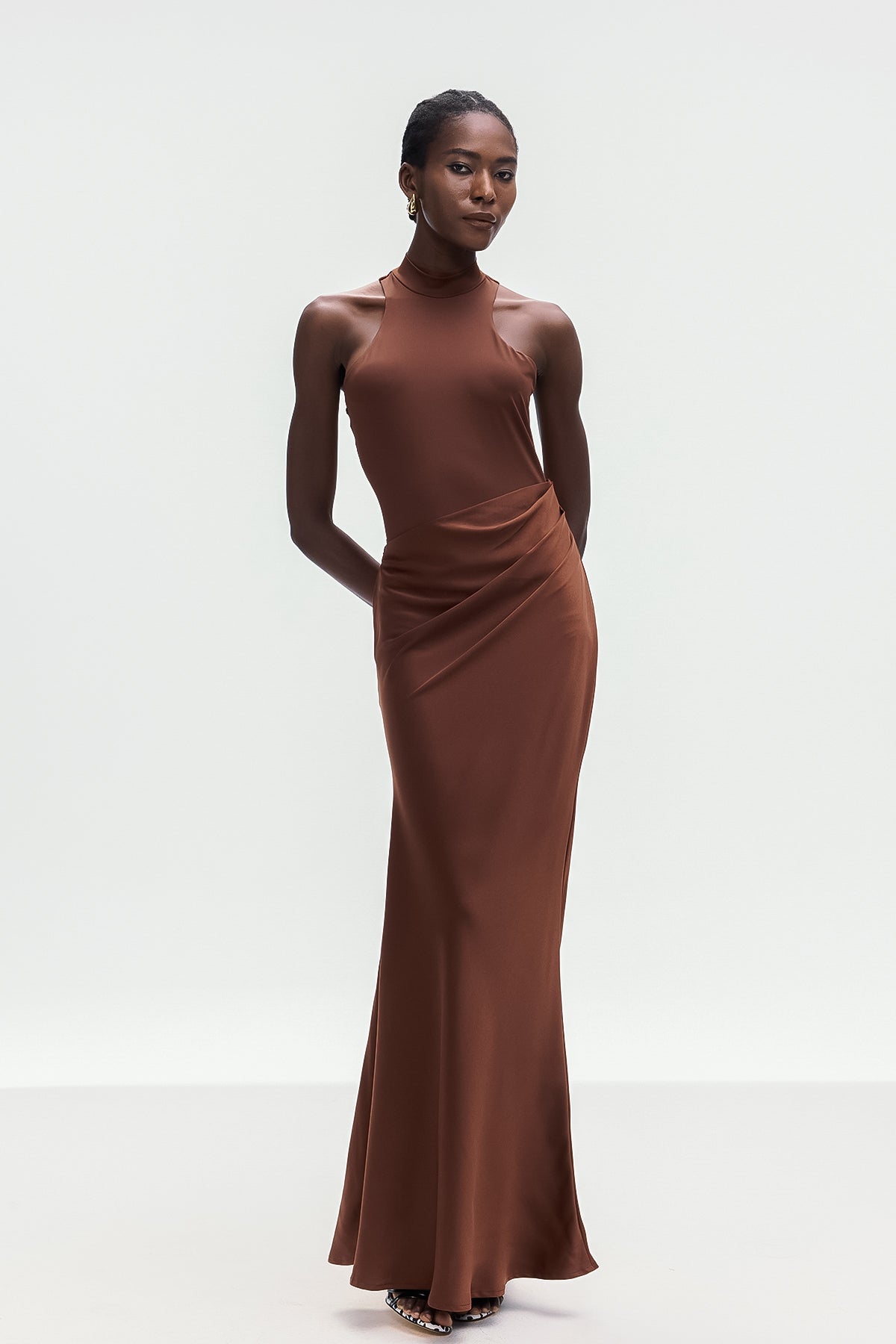 Beres Tank Top Satin Maxi Dress in Brown