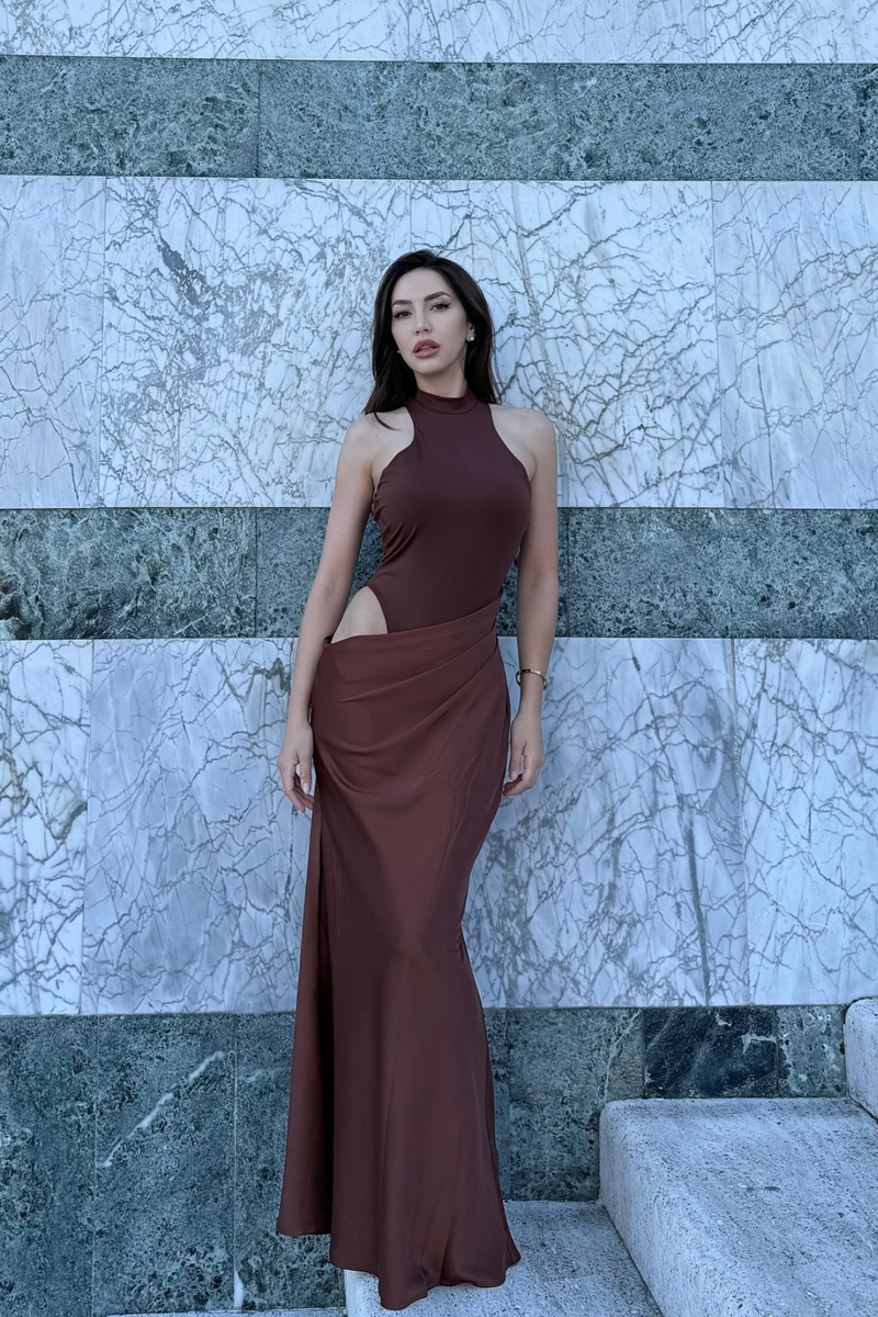 Beres Tank Top Satin Maxi Dress in Brown