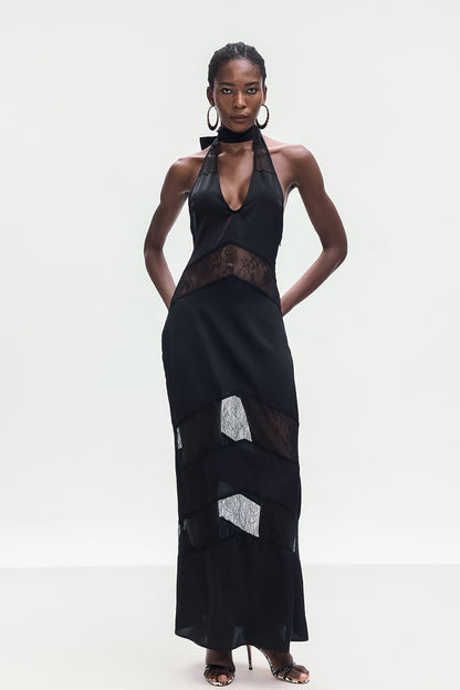 Bernal Satin Lace Cutout Maxi Dress in Black