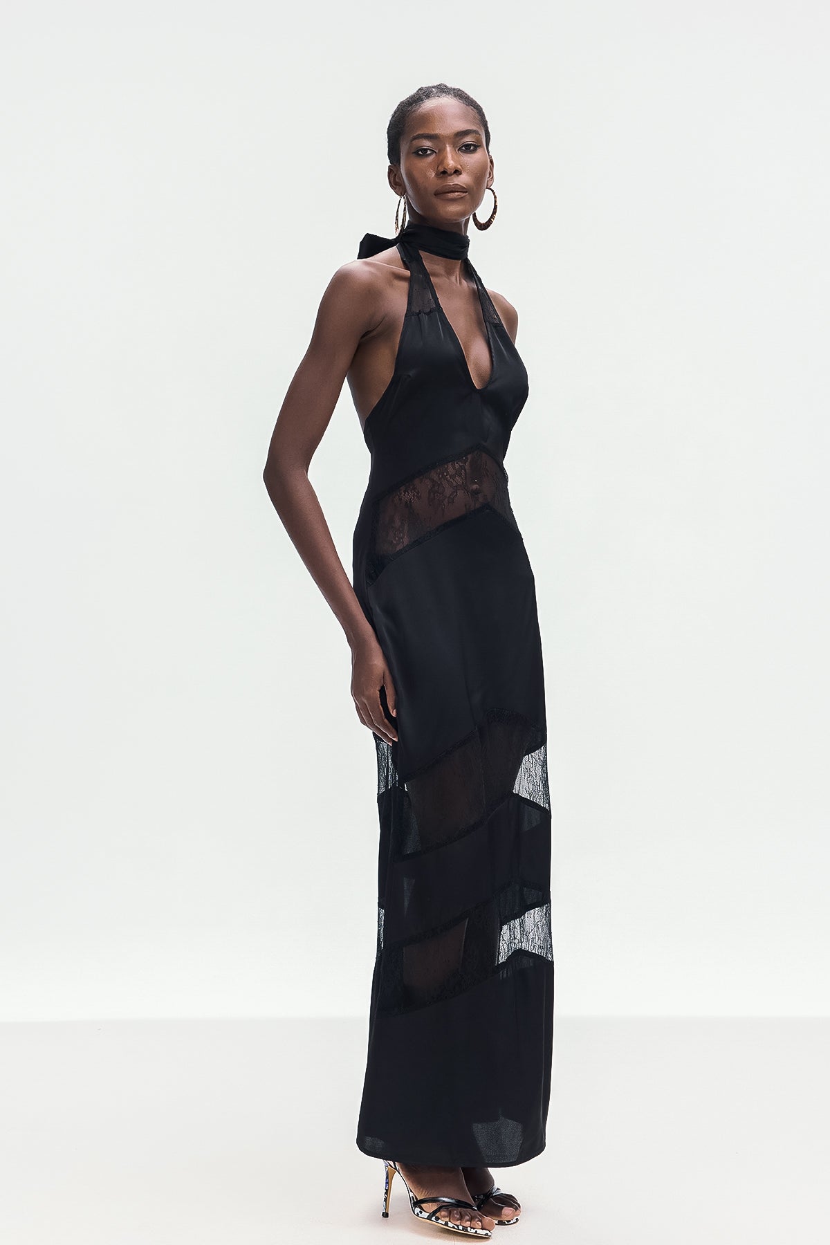 Bernal Satin Lace Cutout Maxi Dress in Black