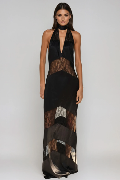 Bernal Satin Lace Cutout Maxi Dress in Black