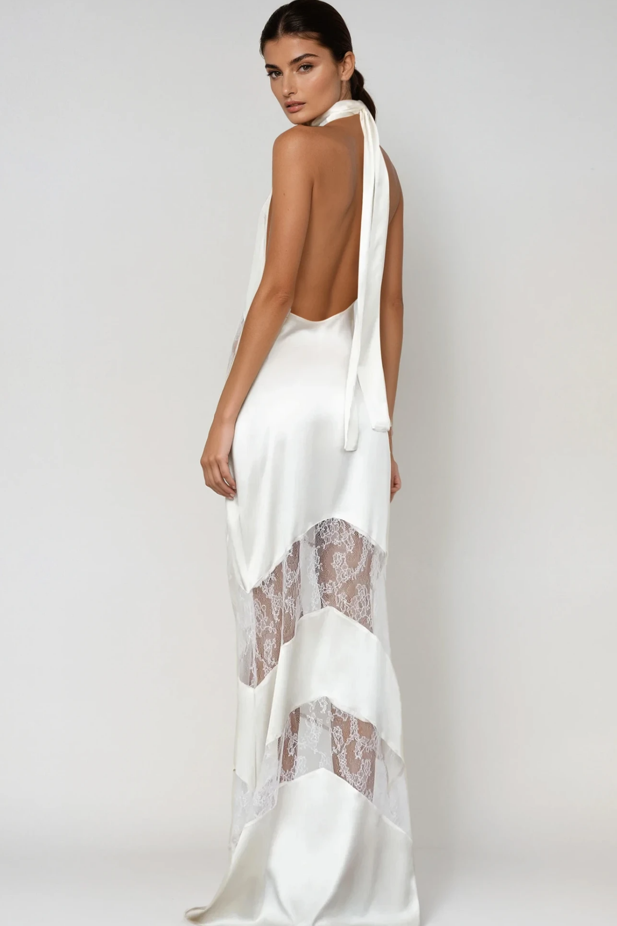 Bernal Satin Lace Cutout Maxi Dress in White