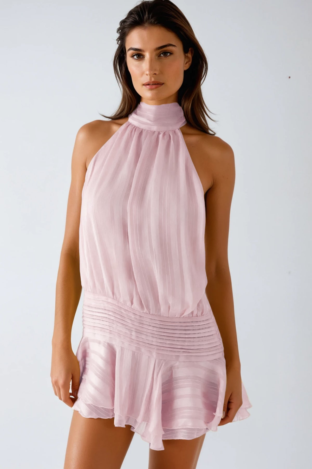 Bernique Halter Neck Ruch Ruffle Mini Dress in Pink