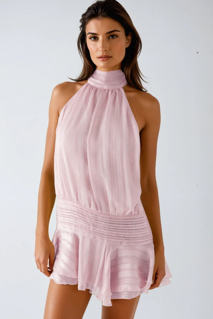 Bernique Halter Neck Ruch Ruffle Mini Dress in Pink