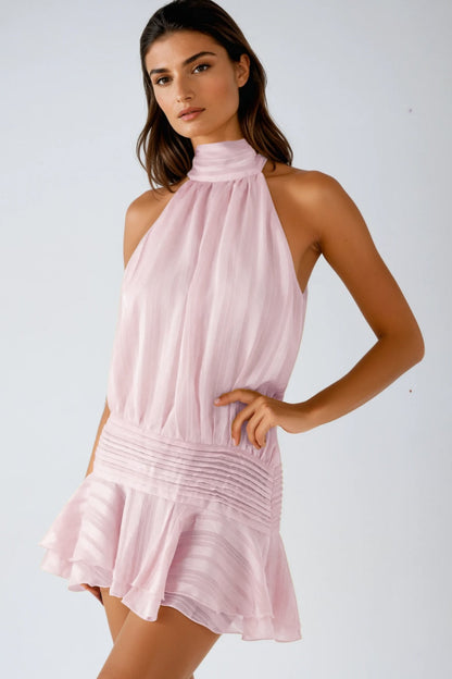 Bernique Halter Neck Ruch Ruffle Mini Dress in Pink