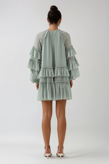 Berta Balloon Sleeve Mesh Ruch Ruffle Mini Dress
