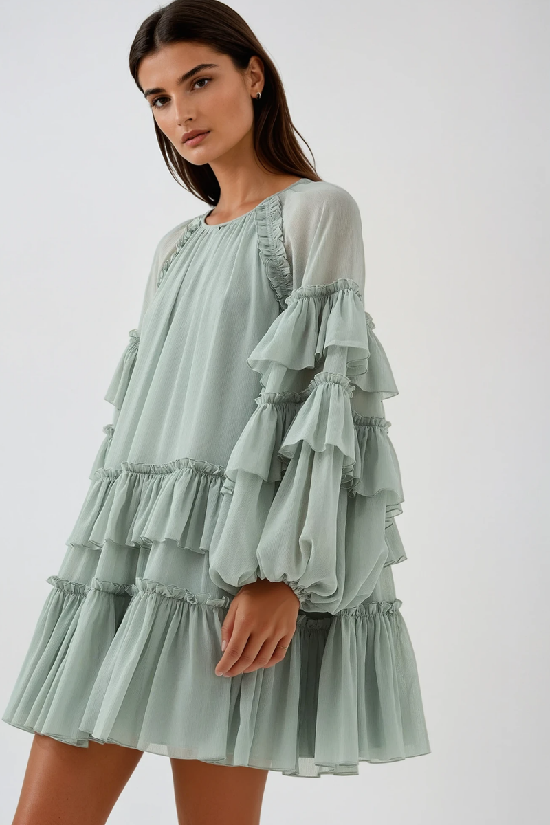 Berta Balloon Sleeve Mesh Ruch Ruffle Mini Dress