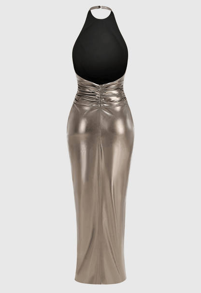 Berton Gold Halter Ruched Backless Split Maxi Dress