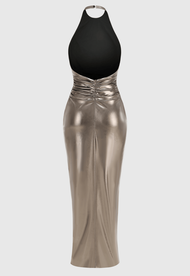 Berton Gold Halter Ruched Backless Split Maxi Dress