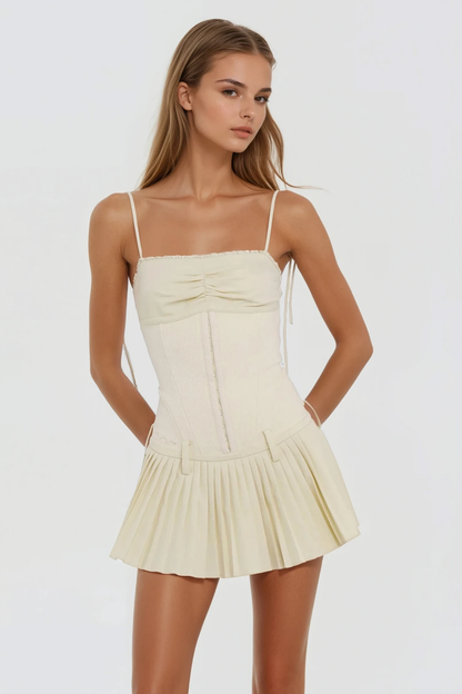 Bertram Spaghetti Corset Ruch Mini Dress in Apricot