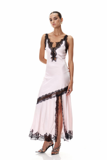 Bess Lace Plunge Satin Maxi Dress in Pink