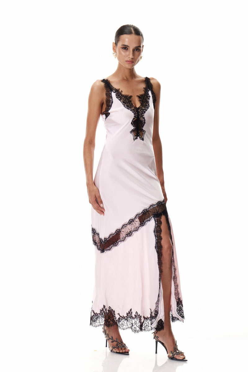 Bess Lace Plunge Satin Maxi Dress in Pink