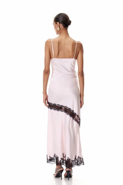 Bess Lace Plunge Satin Maxi Dress in Pink