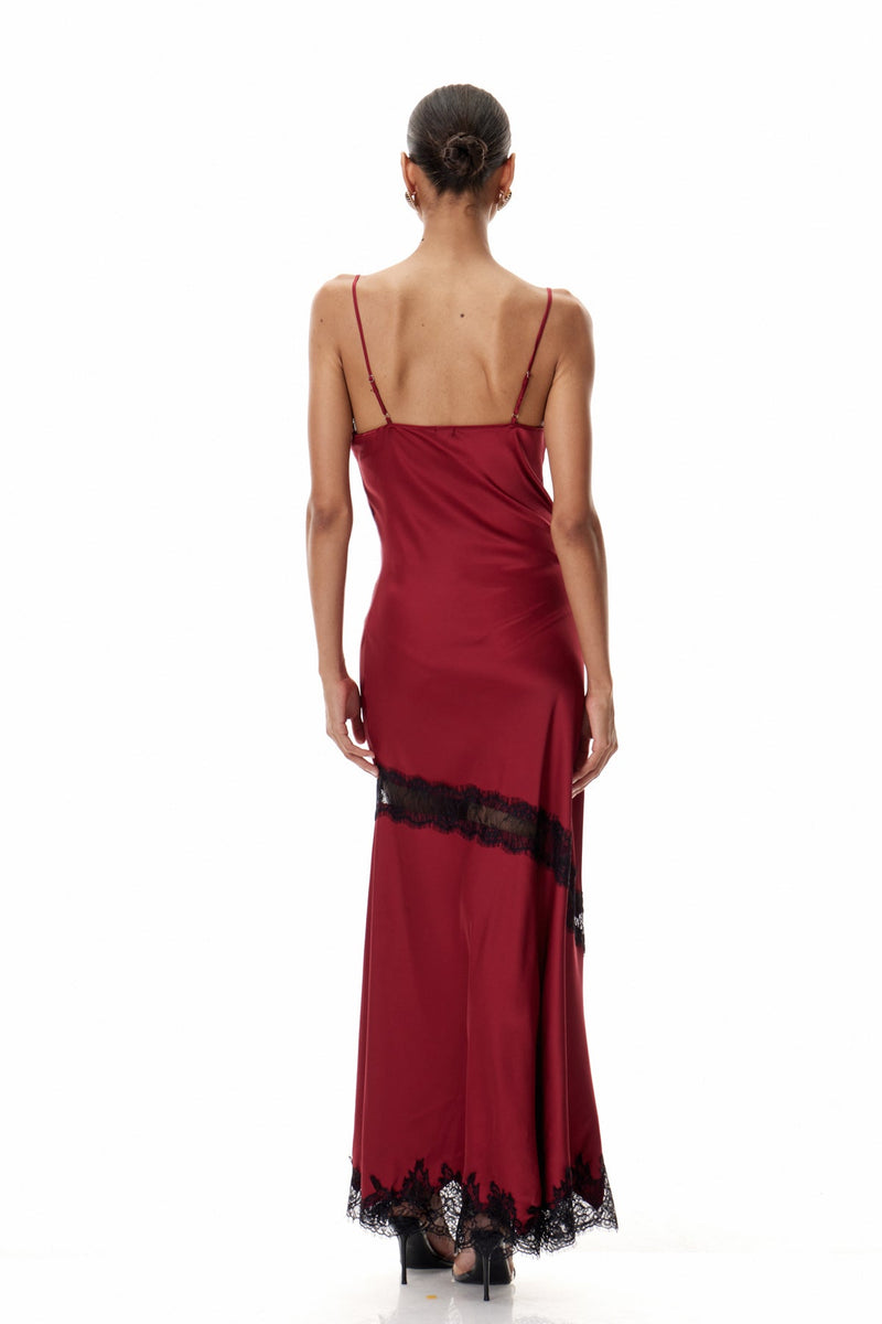 Bess Lace Plunge Satin Maxi Dress in Red