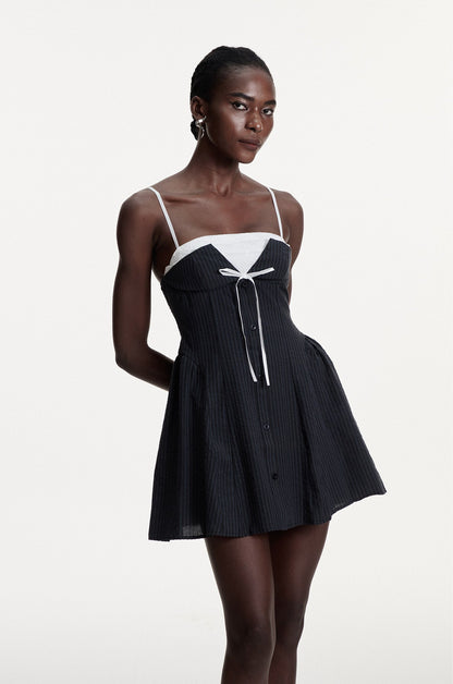 Bhaskara Stripe Lace Spaghetti Mini Dress in Black