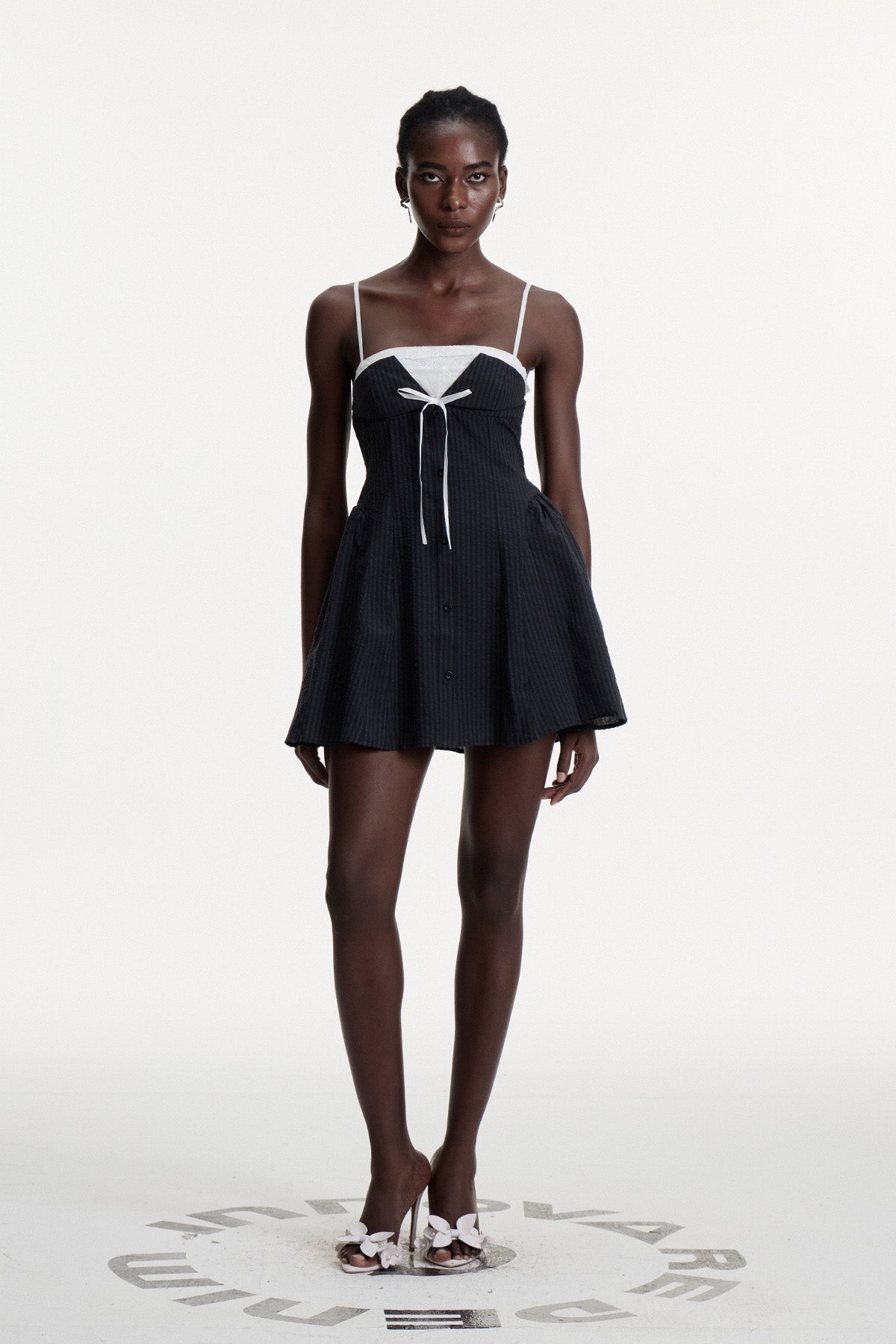Bhaskara Stripe Lace Spaghetti Mini Dress in Black