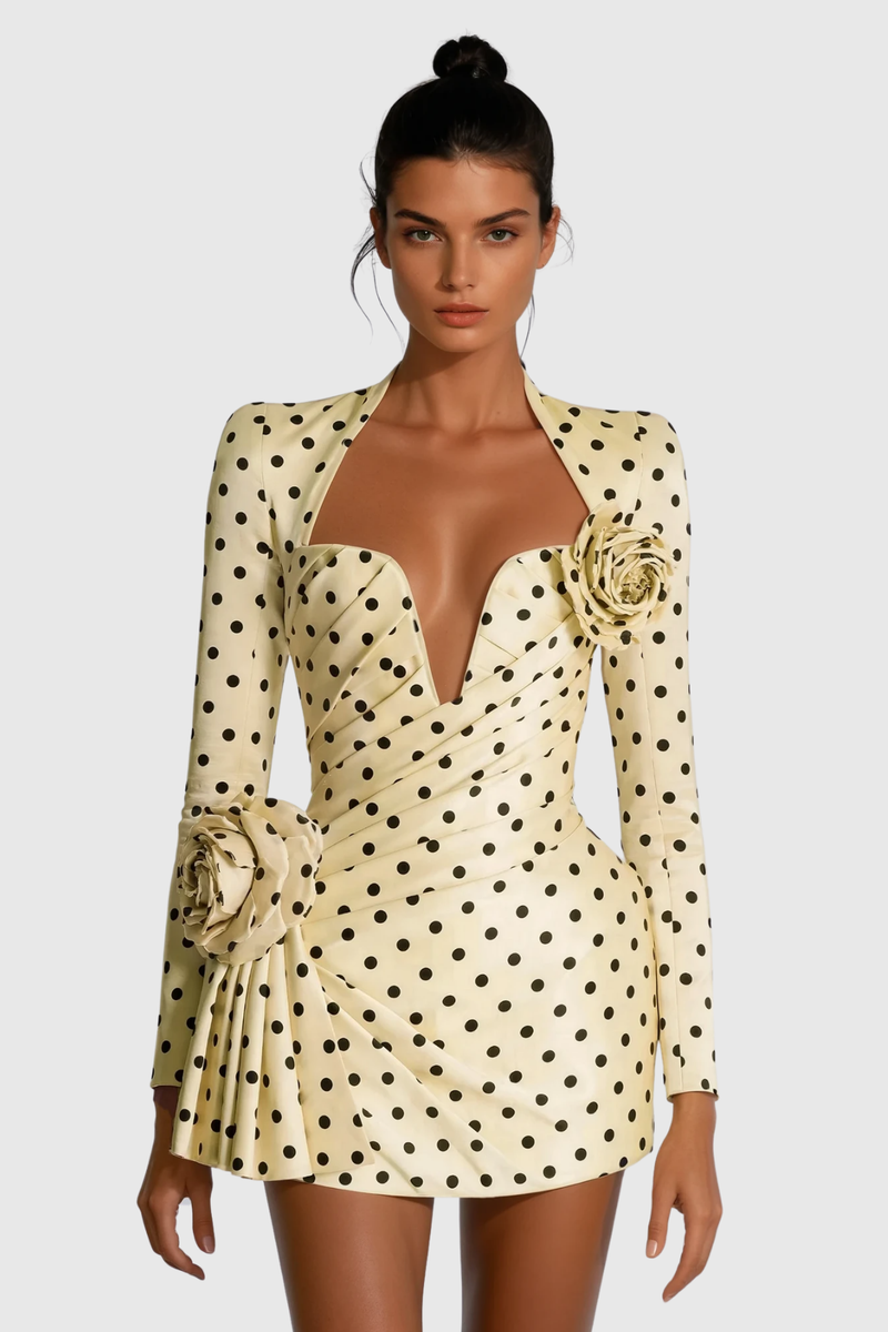 Biaggio Dot Flower Ruch Mini Dress in Yellow